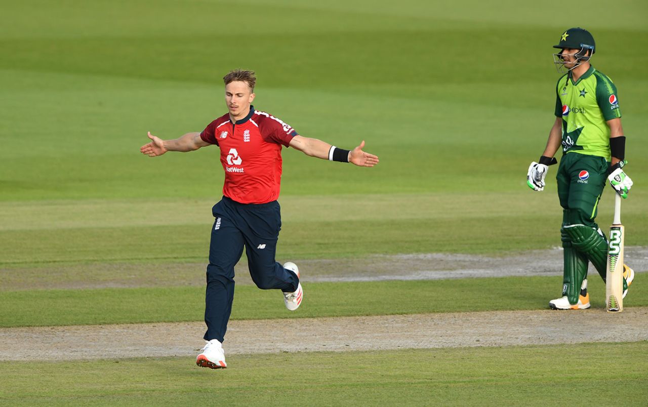 Tom Curran celebrates after bowling Babar Azam, England v Pakistan, 3rd T20I, Old Trafford, September 1, 2020