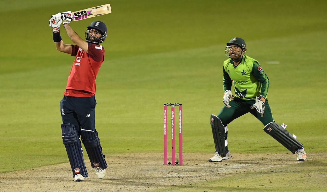 Moeen Ali hammers a blow down the ground, England v Pakistan, 3rd T20I, Old Trafford, September 1, 2020