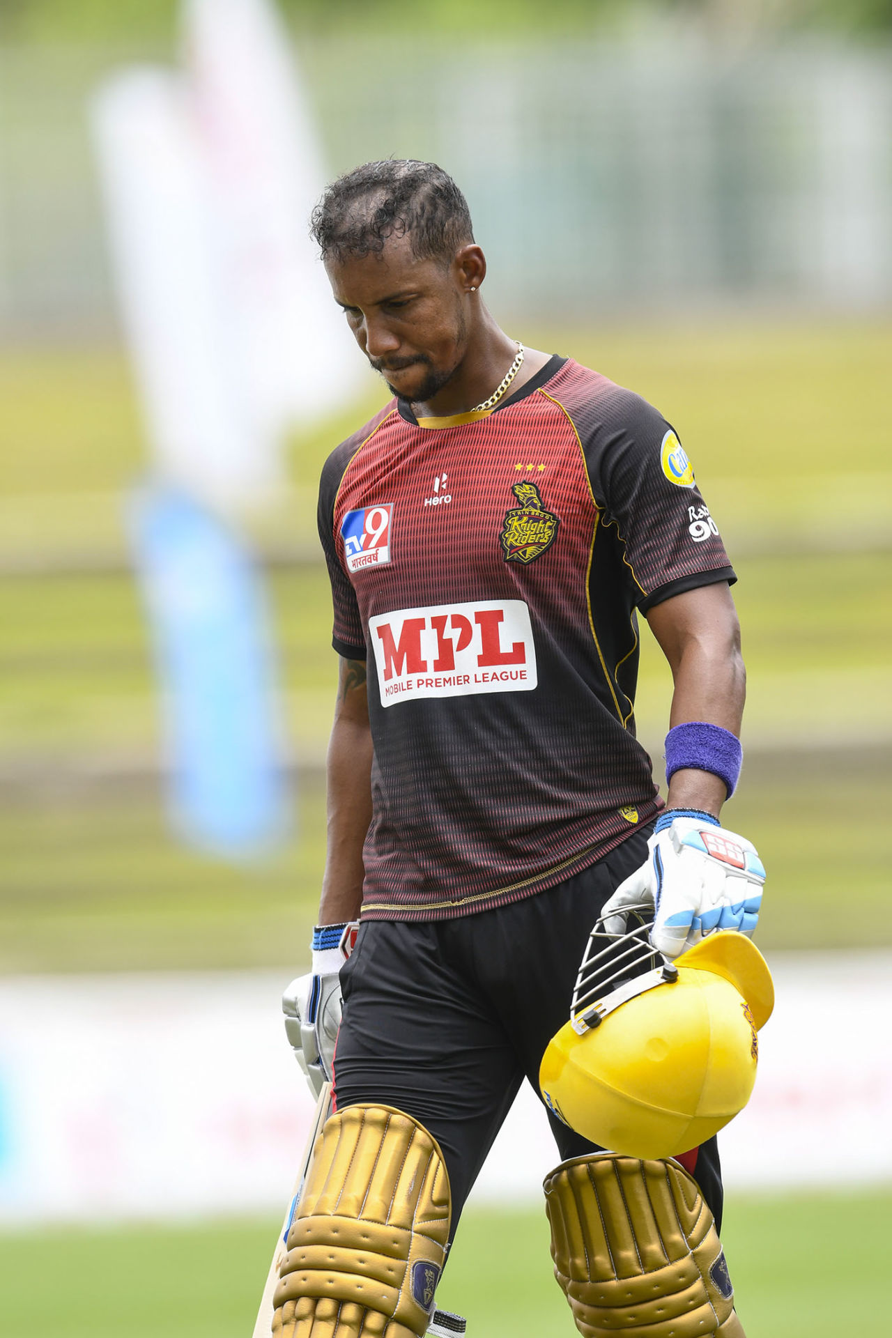 Lendl Simmons trudges off after falling four runs short of a second T20 century, Trinbago Knight Riders v St Kitts and Nevis Patriots, CPL 2020, Tarouba