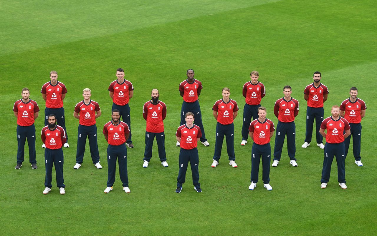 England's T20I squad pose for a socially-distanced team photo, England v Australia, 1st T20I, Ageas Bowl, September 3, 2020