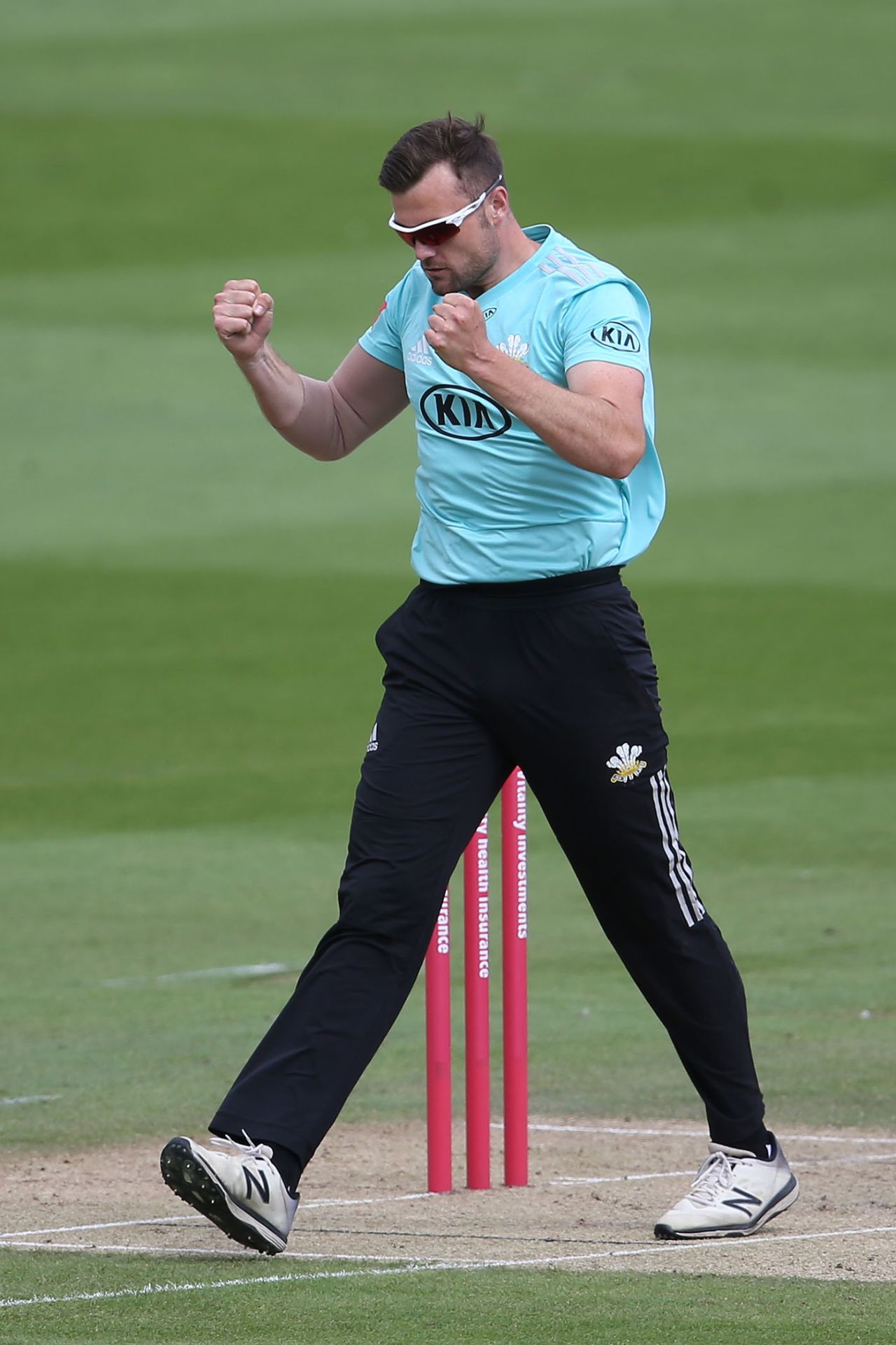 Dan Moriarty celebrates a breakthrough, Sussex v Surrey, Vitality Blast, Hove, August 28, 2020