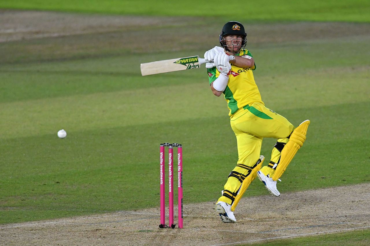 David Warner swings leg side, England v Australia, 1st T20I, Ageas Bowl, September 4, 2020