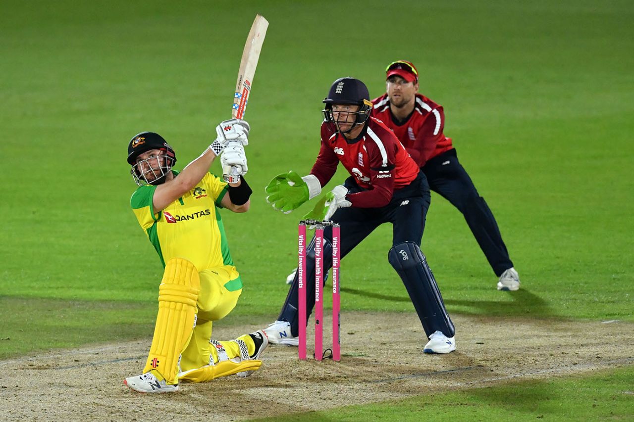 Aaron Finch catches hold of a big hit, England v Australia, 1st T20I, Ageas Bowl, September 4, 2020