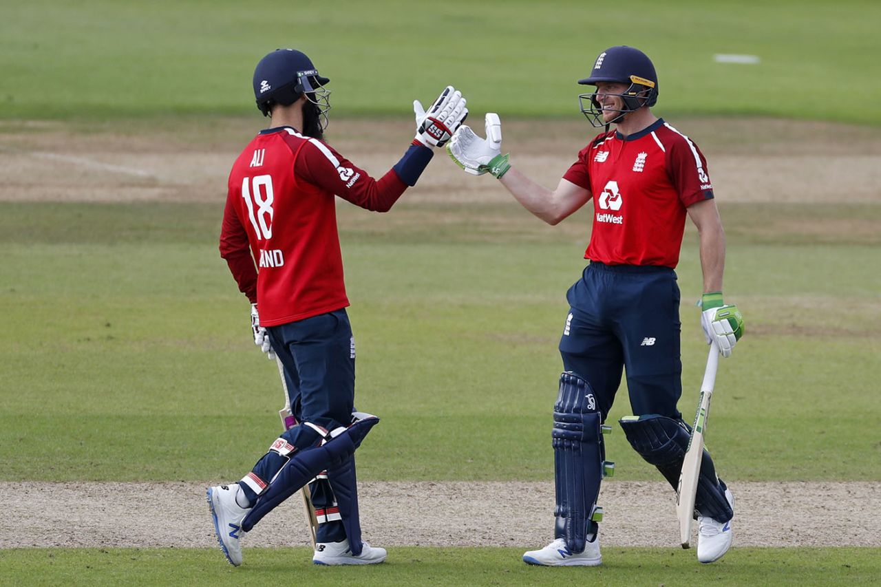 Moeen Ali gives Jos Buttler a handshake after his six sealed victory, England v Australia, 2nd T20I, Southampton, September 6, 2020