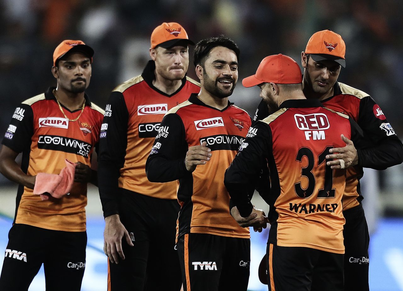 David Warner congratulates his team-mates after a win, Sunrisers Hyderabad v Royal Challengers Bangalore, IPL 2019, Hyderabad, March 31, 2019