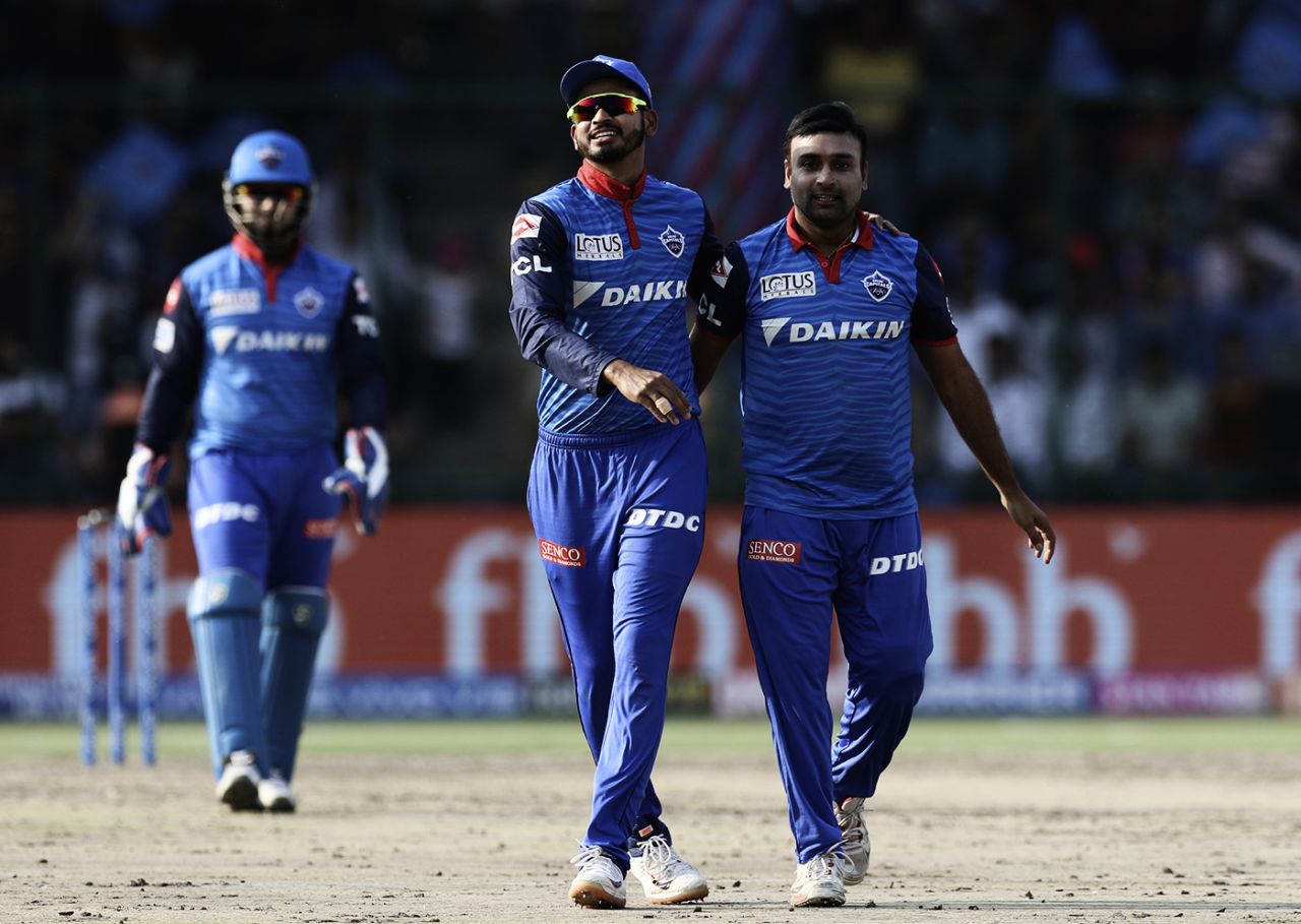 Amit Mishra and Shreyas Iyer celebrate a wicket, Delhi Capitals v Rajasthan Royals, IPL 2019, Delhi
