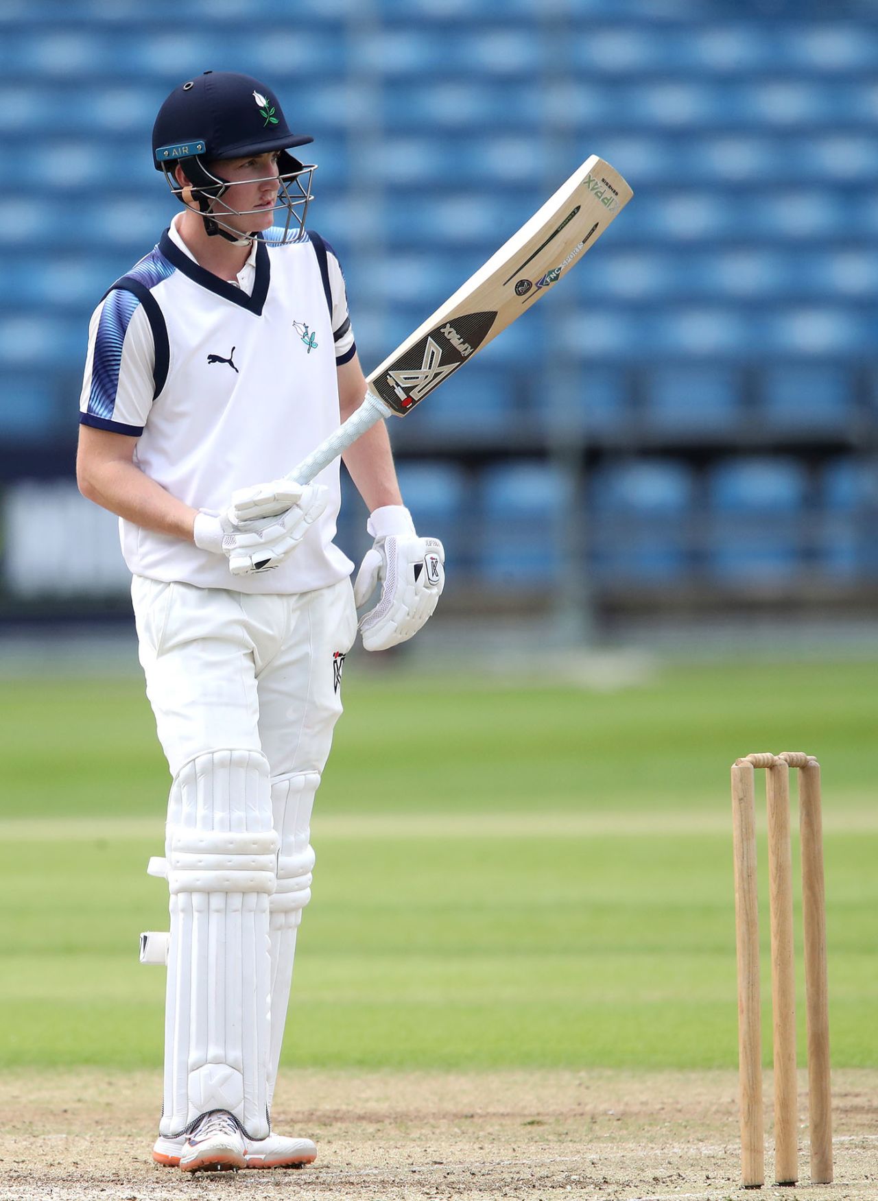 Harry Brook raises his bat on reaching fifty, Yorkshire v Leicestershire, Bob Willis Trophy, Headingley, September 8, 2020