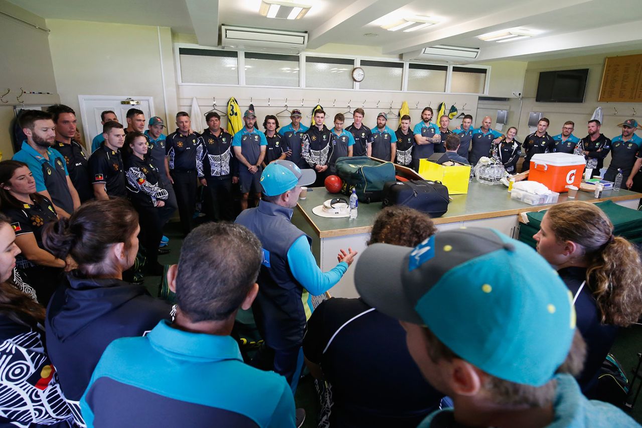 Justin Langer addressed the Australian Indigenous Men's and Women's team at Lord's when they met the men's ODI squad, June 6, 2018