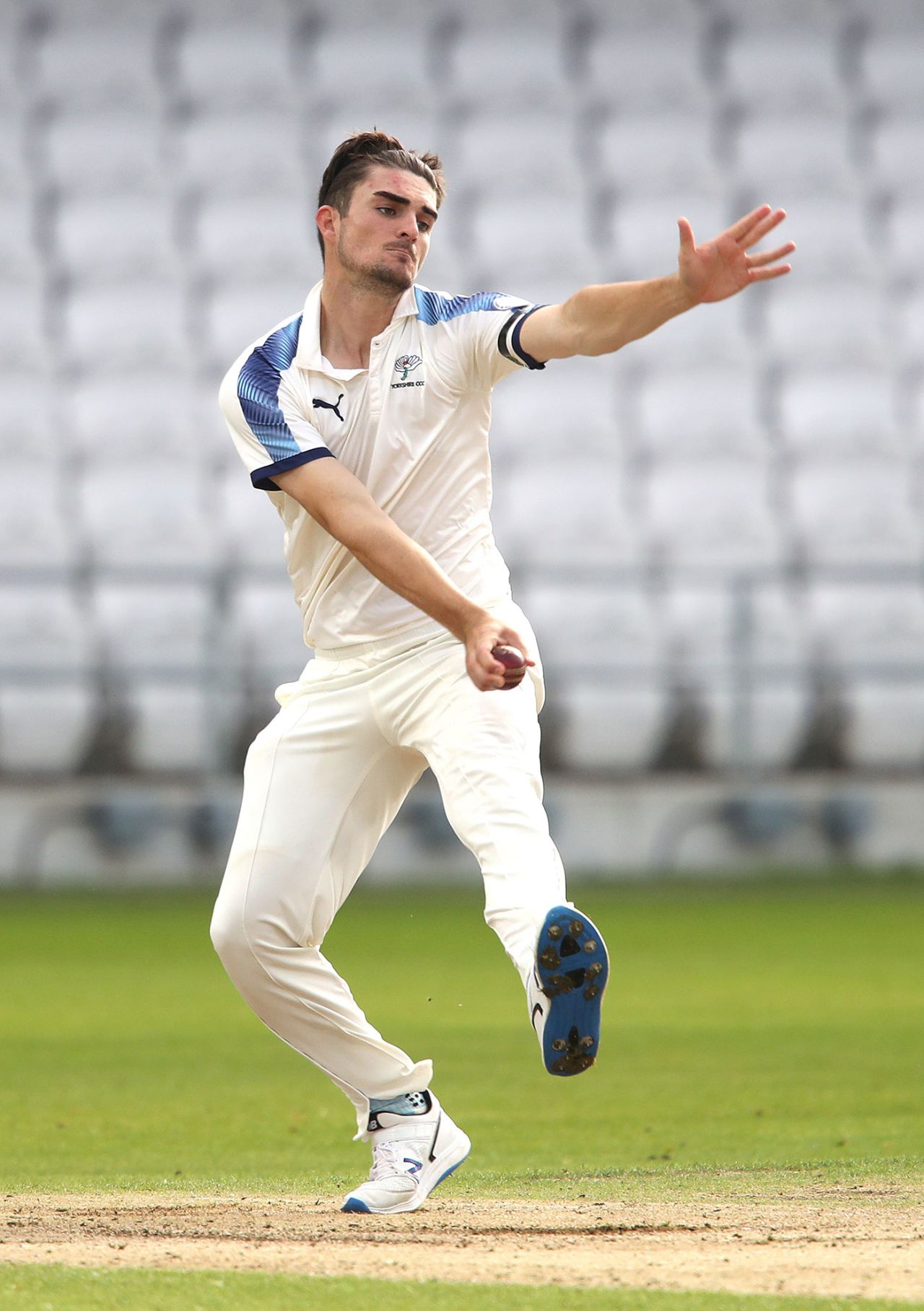 Yorkshire's Jordan Thompson in his delivery stride, Yorkshire v Leicestershire, Bob Willis Trophy, Headingley, September 8, 2020