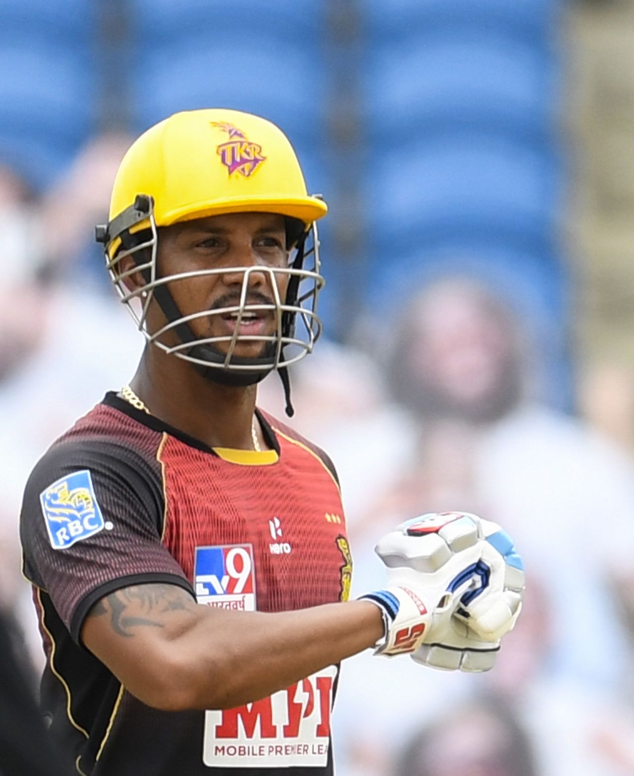 Lendl Simmons celebrates after a rollicking half-century, St Lucia Zouks v Trinbago Knight Riders, CPL final, Tarouba, September 10, 2020