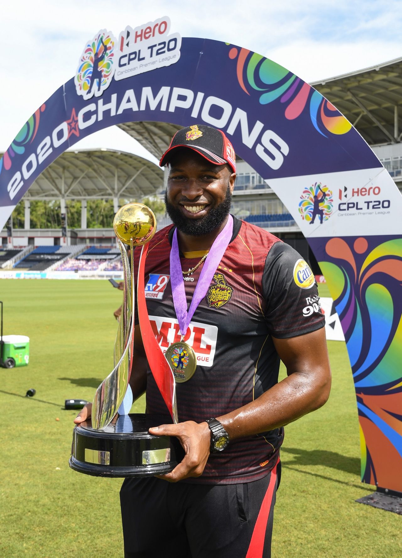 Kieron Pollard with the CPL 2020 trophy after leading Trinbago Knight Riders to 12 wins in 12 matches, St Lucia Zouks v Trinbago Knight Riders, CPL final, Tarouba, September 10, 2020