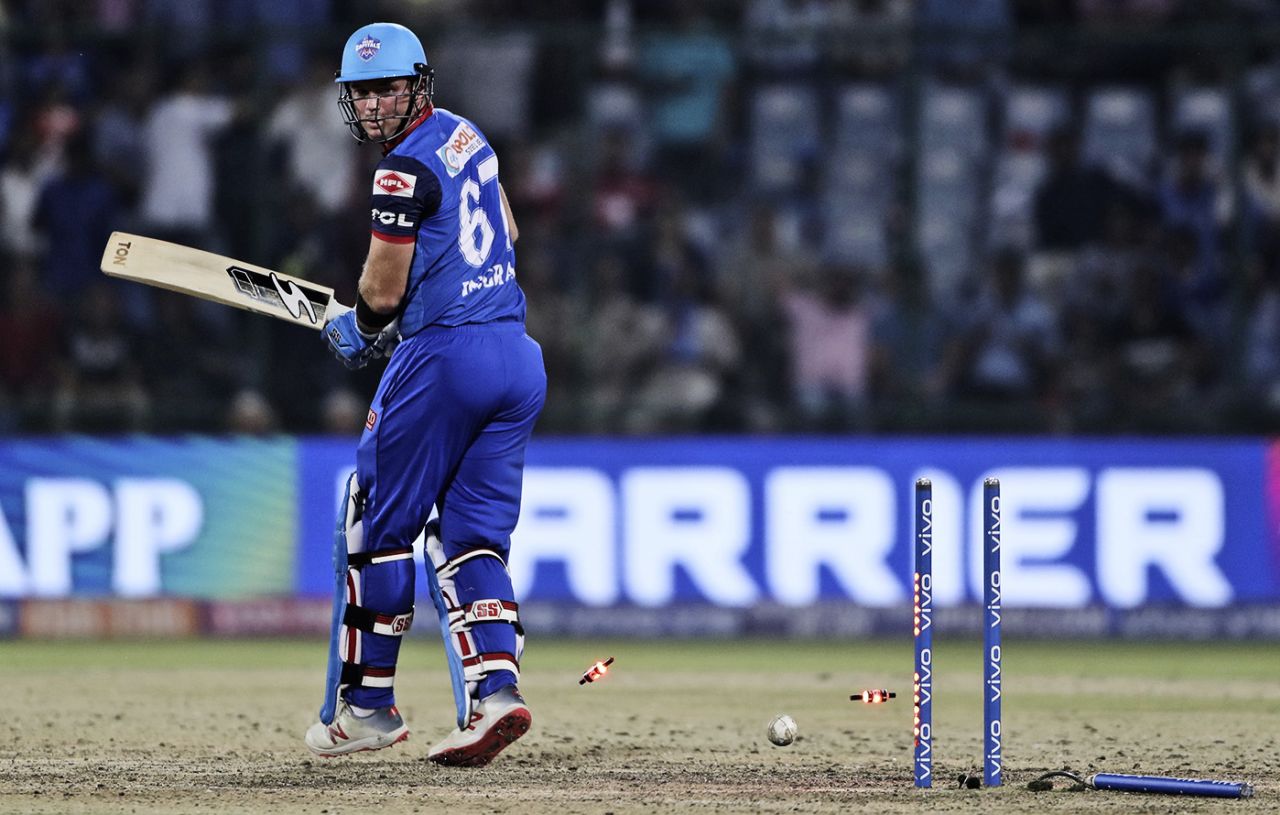 Colin Ingram is bowled, Delhi Capitals v Kings XI Punjab, IPL 2019, Delhi, April 20, 2019