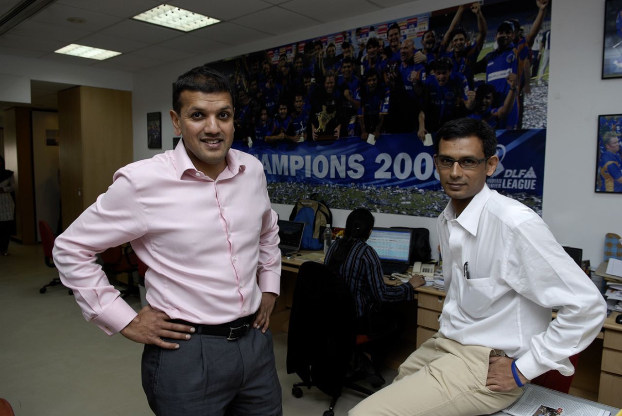 Rajasthan Royals co-owner Manoj Badale with the franchise's business development officer Utkarsh Singh at their Mumbai office, February 9, 2009