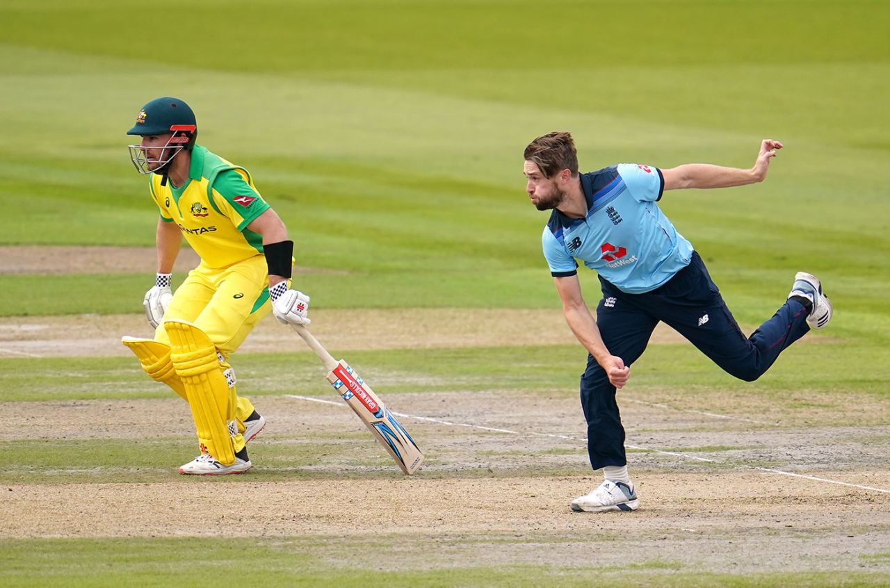 Chris Woakes bowls as Aaron Finch backs up, England v Australia, 1st ODI, Old Trafford, September 11, 2020
