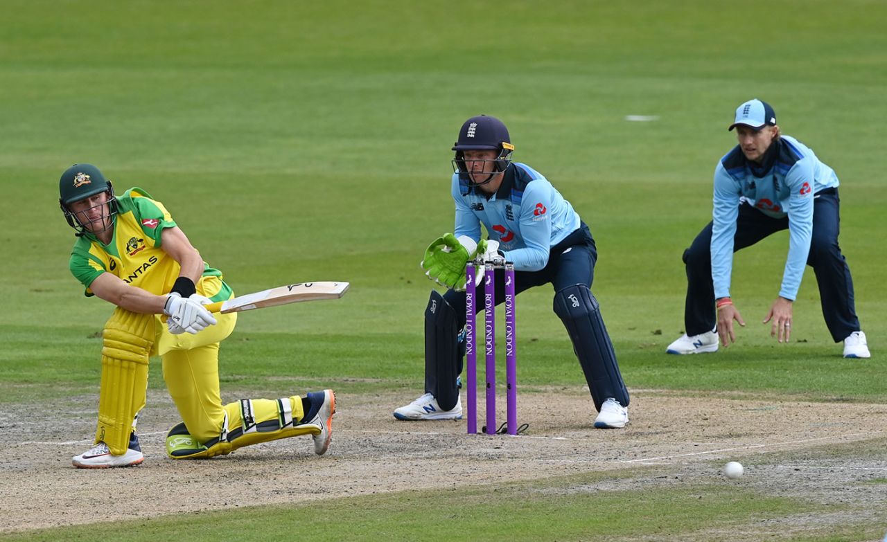 Marnus Labuschagne sweeps into the leg side, England v Australia, 1st ODI, Old Trafford, September 11, 2020