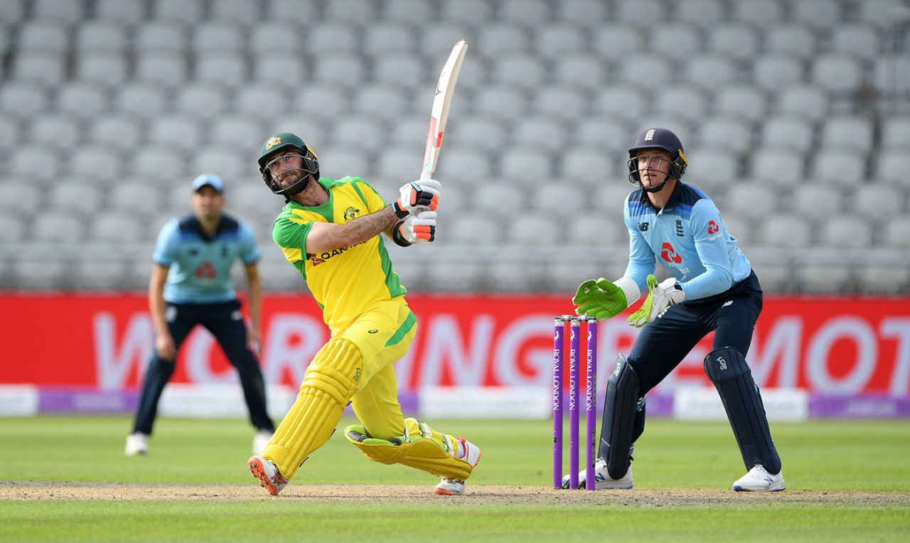 Glenn Maxwell launches a shot down the ground, England v Australia, 1st ODI, Old Trafford, September 11, 2020