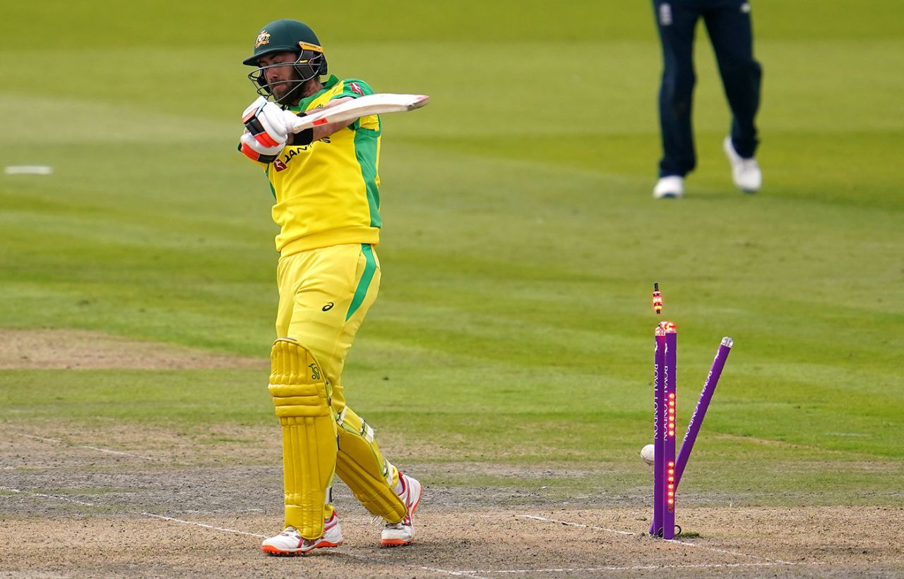 Glenn Maxwell was bowled by Jofra Archer for 77, England v Australia, 1st ODI, Old Trafford, September 11, 2020