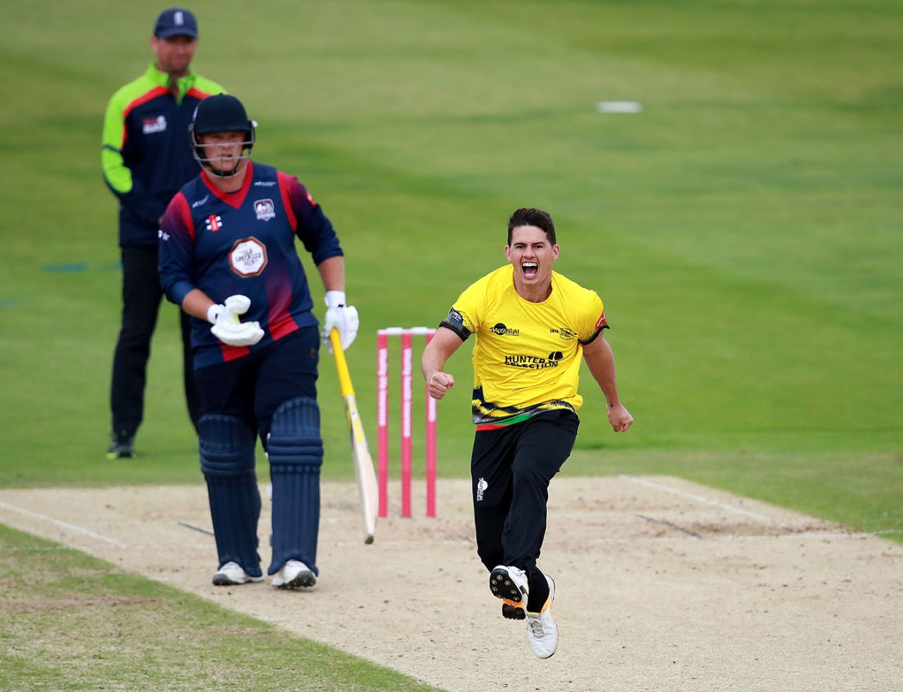 Graeme van Buuren sets off in celebration, Northants v Gloucestershire, Vitality Blast, Wantage Road, September 11, 2020