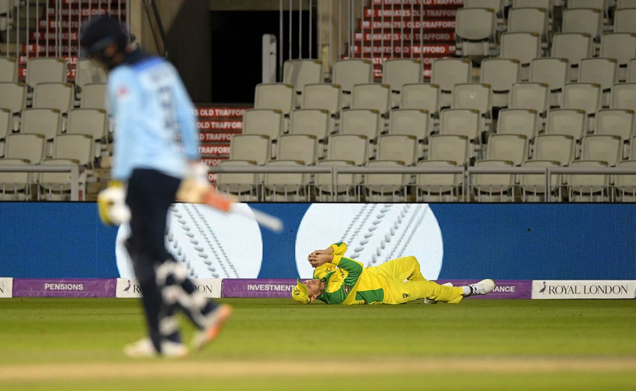 Josh Hazlewood clung onto a chance from Jonny Bairstow in the deep, England v Australia, 1st ODI, Old Trafford, September 11, 2020