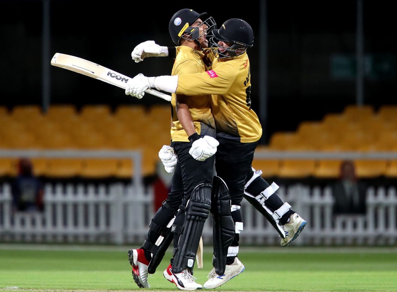 Ben Mike and Callum Parkinson celebrate as Leicestershire sneak over the line, Leicestershire v Yorkshire, Grace Road, Vitality Blast, September 11, 2020