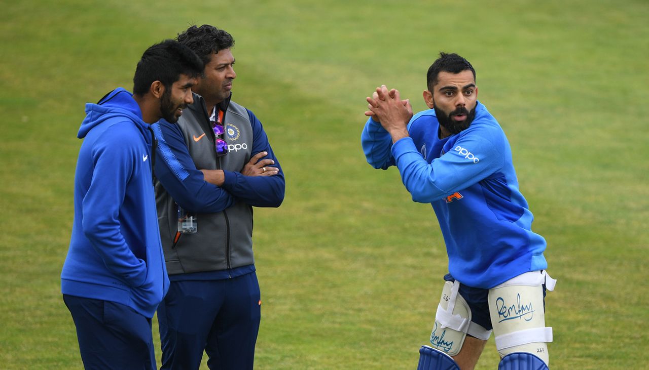 Jasprit Bumrah watches Virat Kohli air-bat, Leeds, July 5, 2019