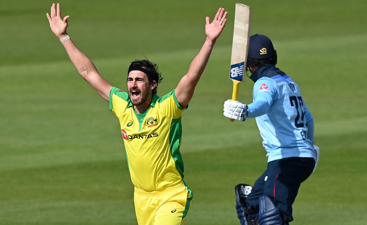 Mitchell Starc of Australia appeals for a wicket, 2nd ODI, England v Australia, at Emirates Old Trafford, September 13, 2020