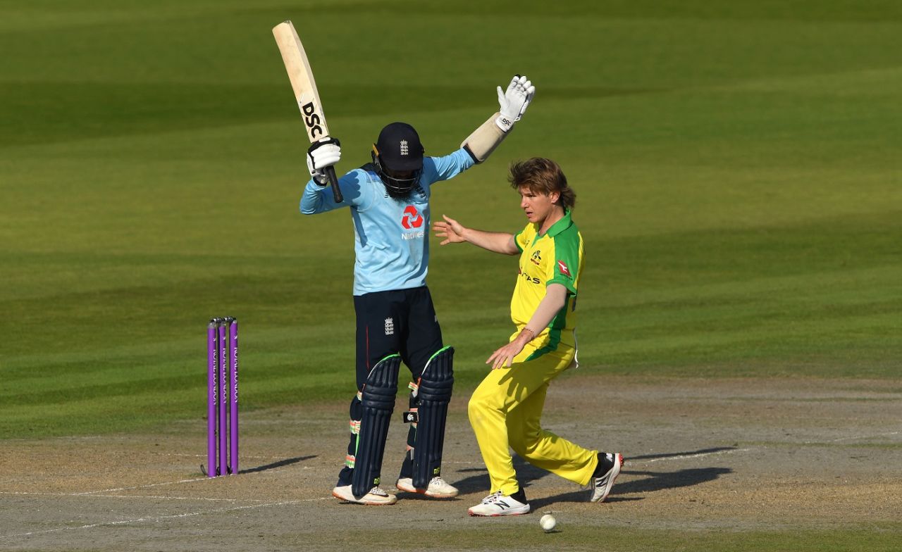 'I'm a legspinner'. 'I'm a legspinner too' - Adam Zampa and Adil Rashid avoid a mid-pitch collision, 2nd ODI, England v Australia, at Emirates Old Trafford, September 13, 2020