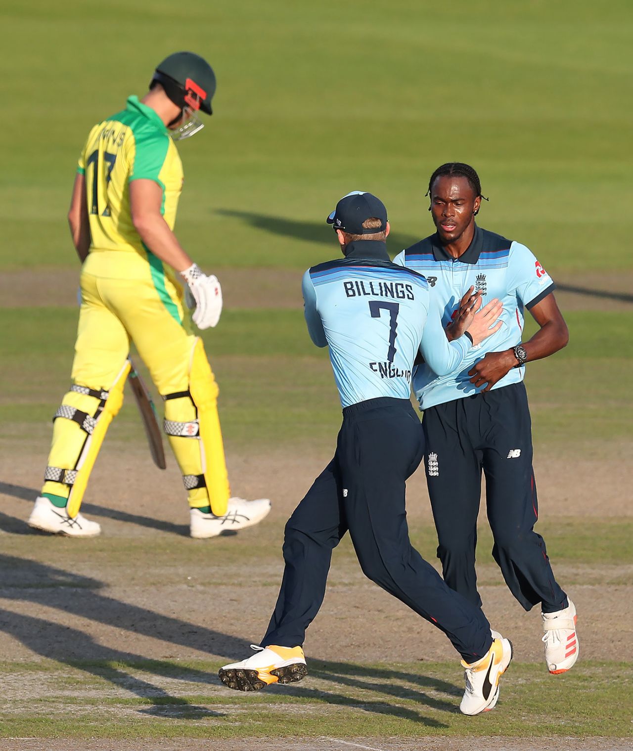 Jofra Archer celebrates as Marcus Stoinis departs, 2nd ODI, England v Australia, at Emirates Old Trafford, September 13, 2020
