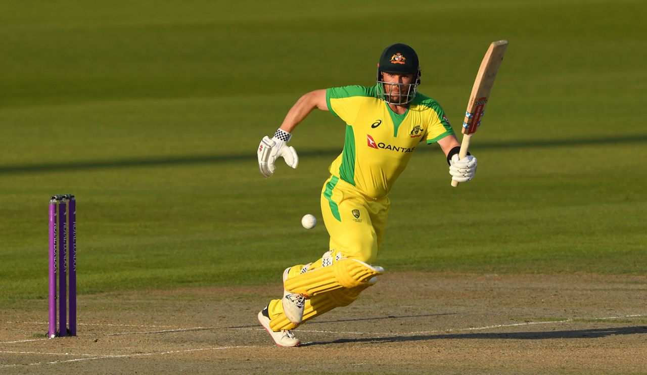 Aaron Finch takes on a quick single into the covers, 2nd ODI, England v Australia, at Emirates Old Trafford, September 13, 2020