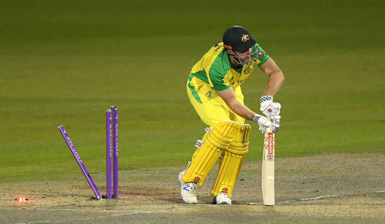 Mitchell Marsh was bowled as Australia's middle-order wobbled, 2nd ODI, England v Australia, at Emirates Old Trafford, September 13, 2020
