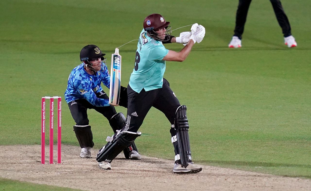 Jamie Overton breaks his bat en route to a pivotal 40 not out, T20 Vitality Blast South Group, Surrey v Sussex, Kia Oval, 16 September 2020