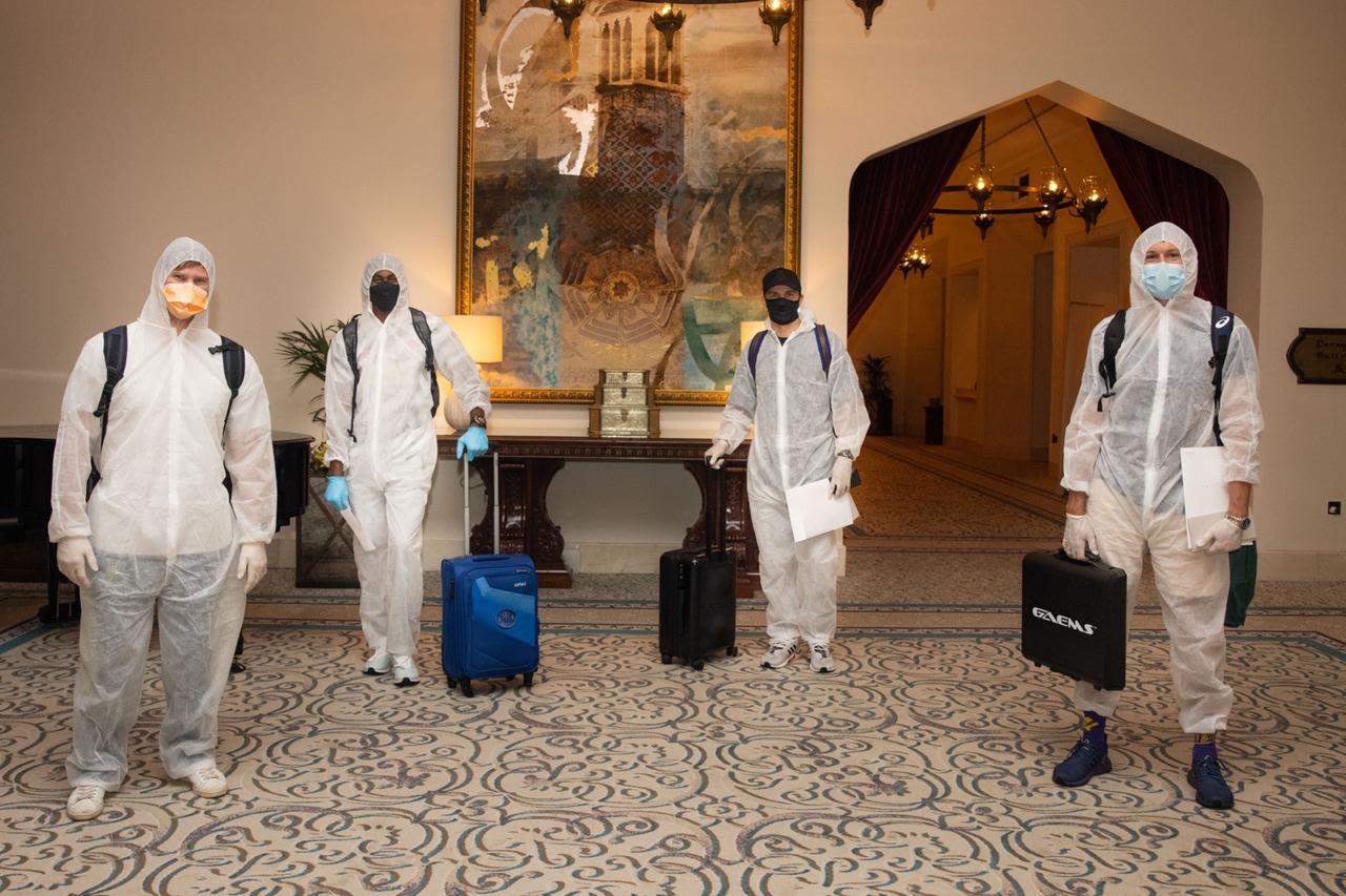 [L to R] Steven Smith, Jofra Archer, Tom Curran and Andrew Tye at the Rajasthan Royals team hotel, Dubai, September 17, 2020