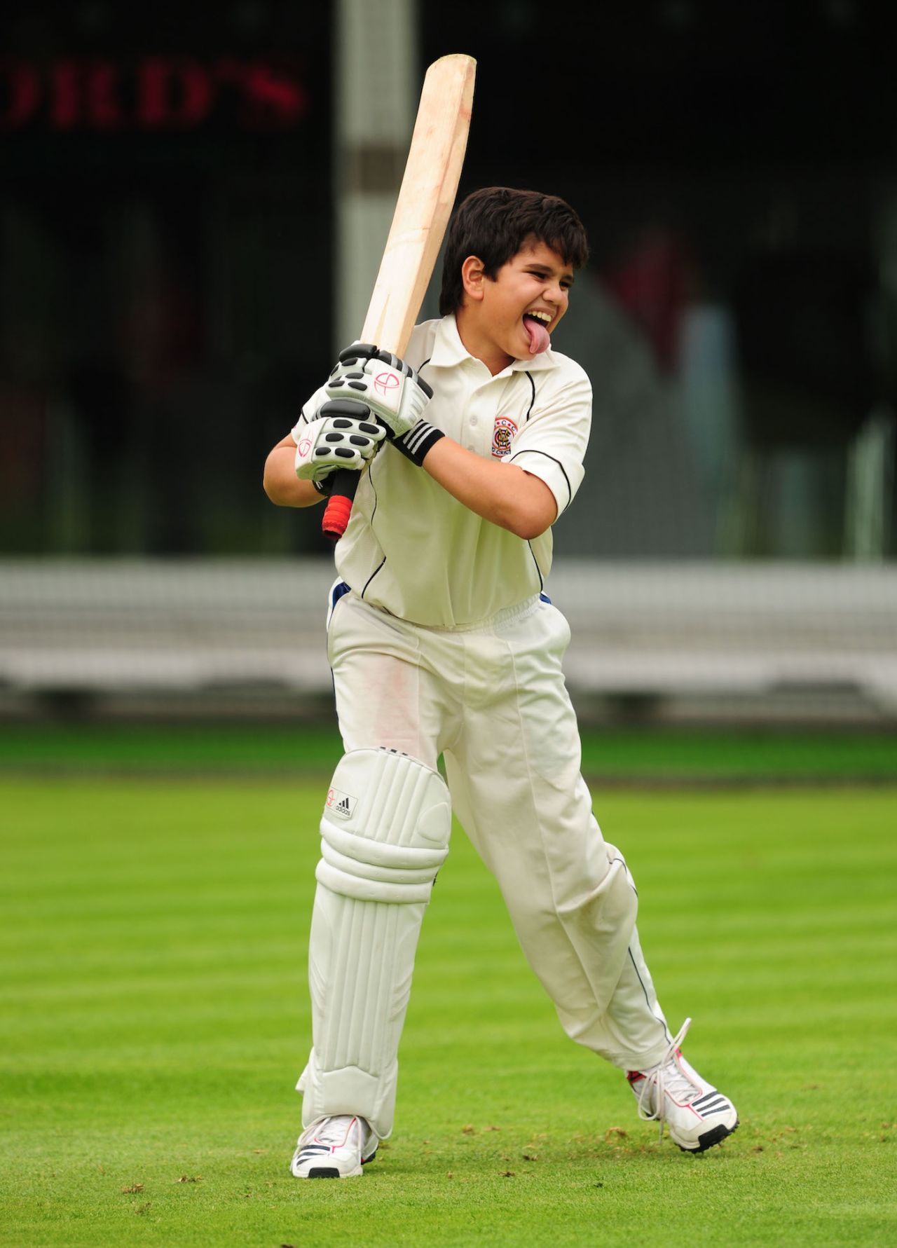 Arjun Tendulkar plays a few shots at Lord's during a nets session, day two, first Test, England v India, Lord's, July 20, 2011