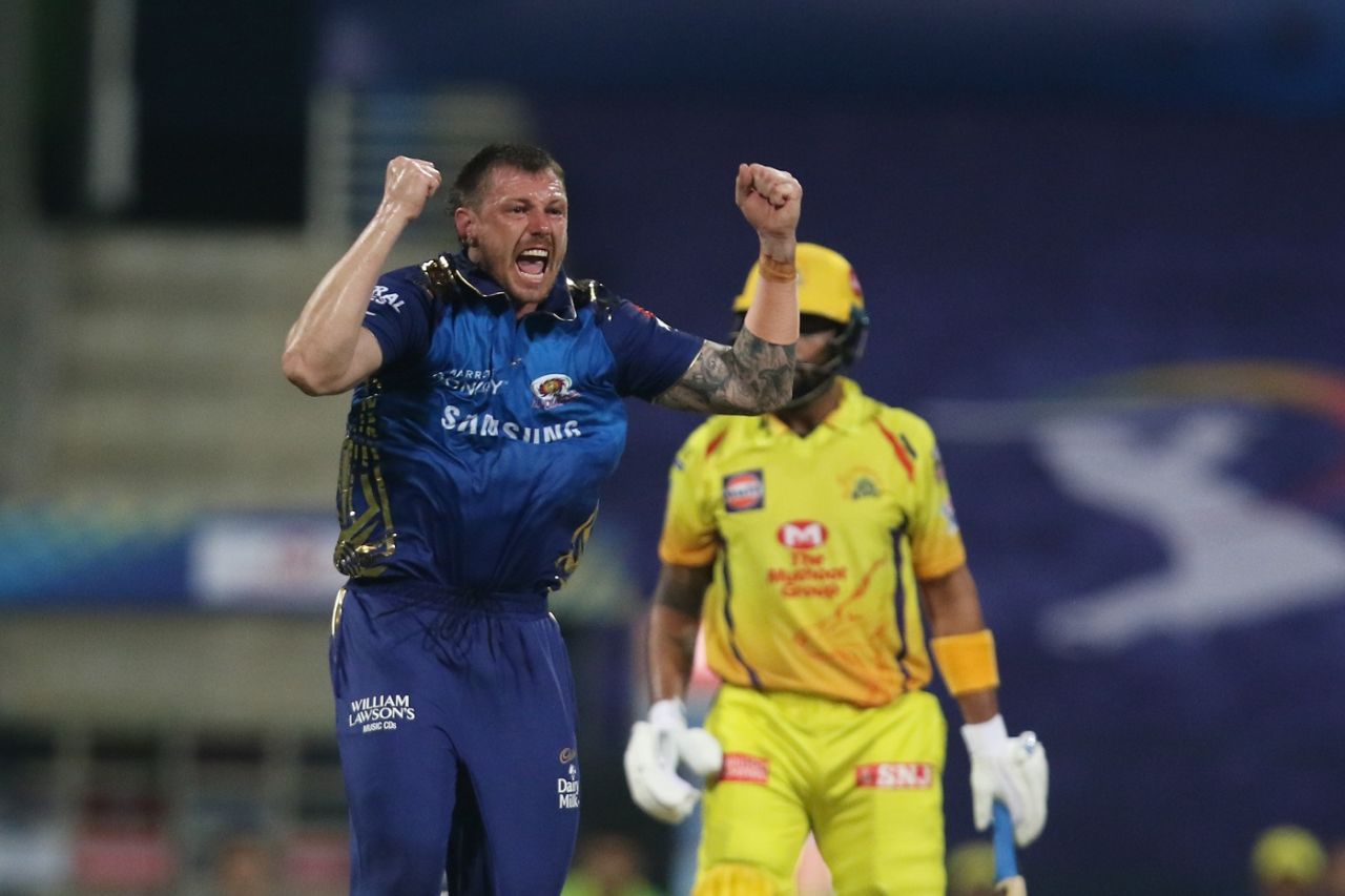 James Pattinson is ecstatic after dismissing M Vijay, Mumbai Indians v Chennai Super Kings, IPL 2020, Abu Dhabi, September 19, 2020