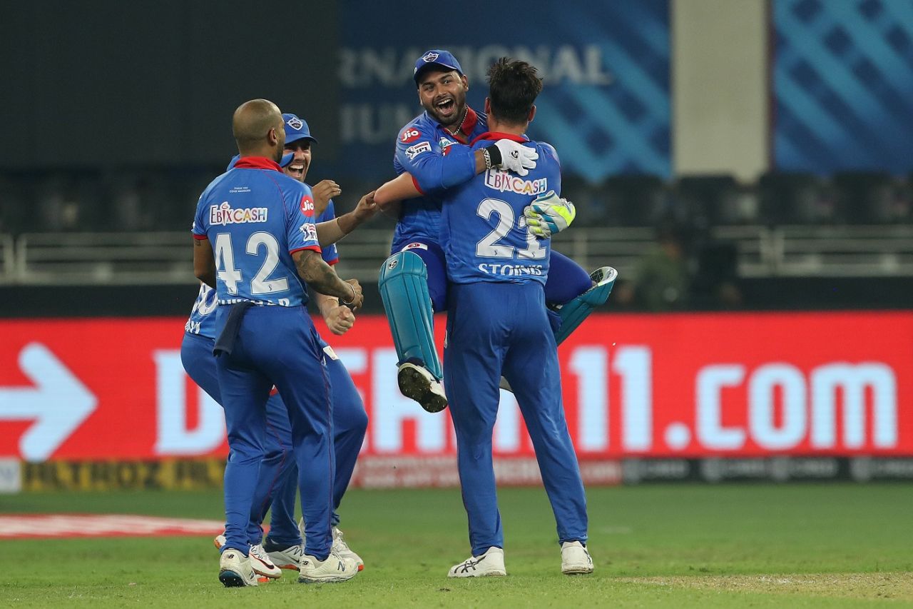 Delhi Capitals celebrate after snatching a Super Over win, Delhi Capitals v Kings XI Punjab, IPL 2020, Dubai, September 20, 2020