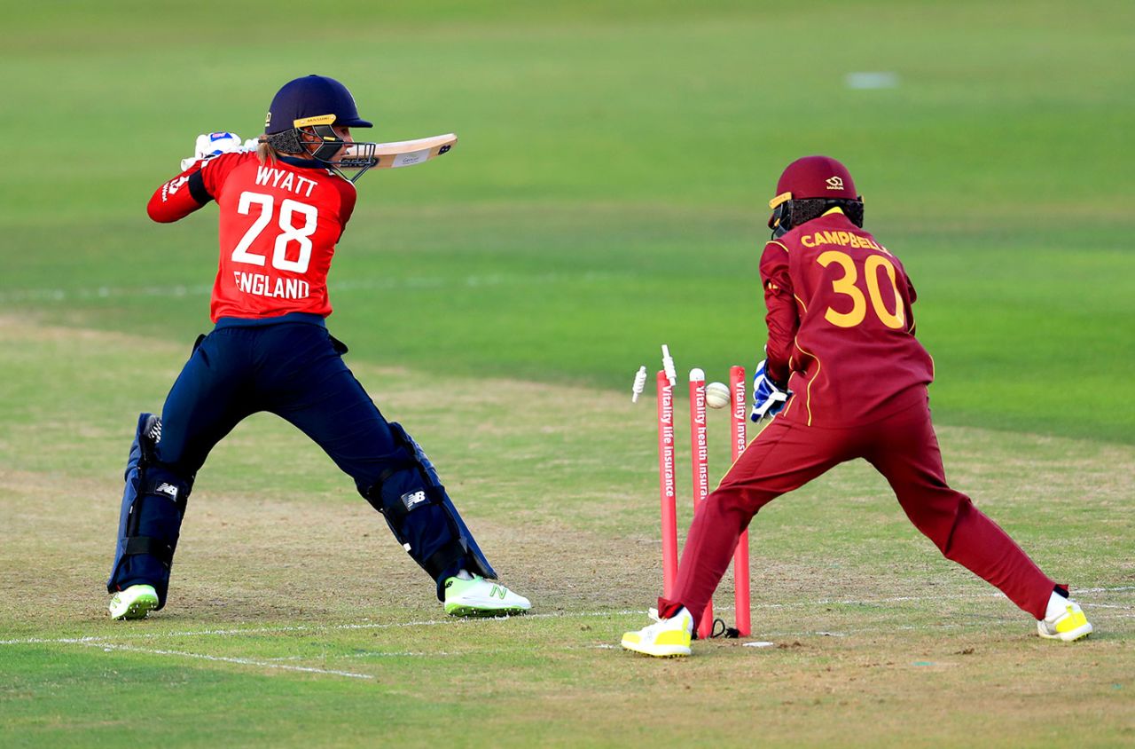 Danni Wyatt is bowled during England's innings, England women v West Indies women, 1st T20I, Derby, September 21, 2020