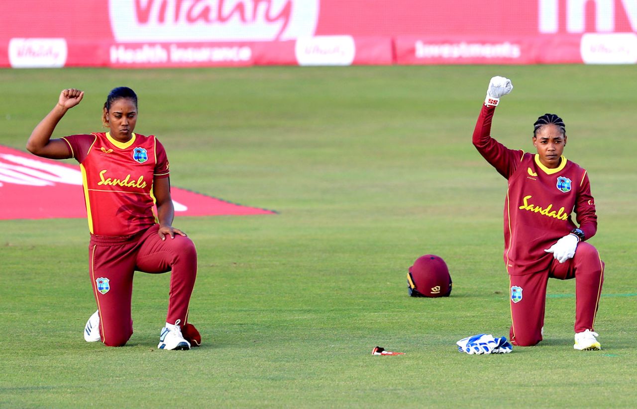 Hayley Matthews and Shemaine Campbelle take a knee at the start of play, England women v West Indies women, 1st T20I, Derby, September 21, 2020