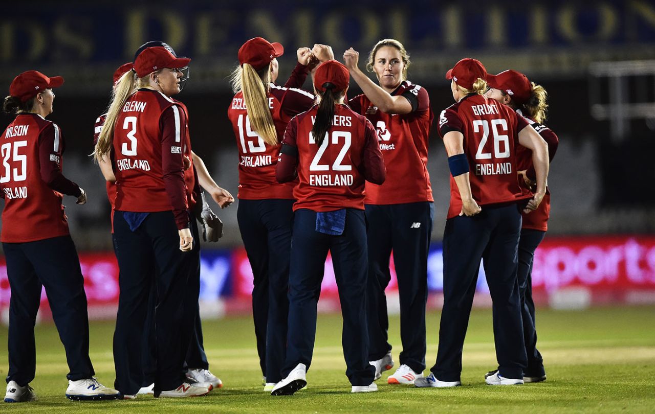 England celebrate Nat Sciver's breakthrough, England women v West Indies women, 1st T20I, Derby, September 21, 2020
