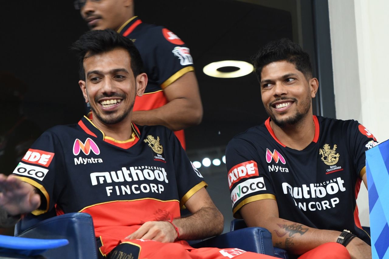 Yuzvendra Chahal and Umesh Yadav find something to smile about, Royal Challengers Bangalore vs Sunrisers Hyderabad, IPL 2020, Dubai, September 21, 2020