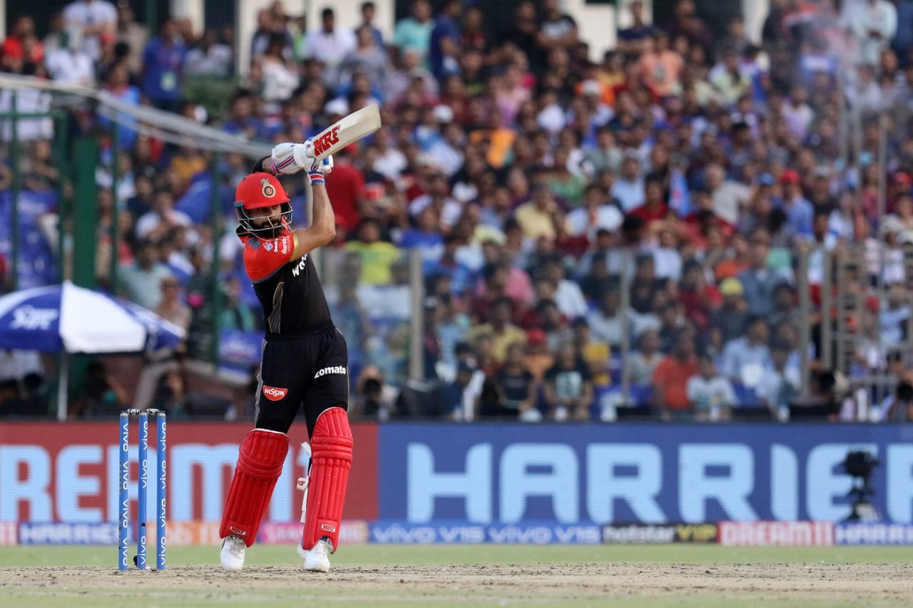 Virat Kohli drives down the ground, Delhi Capitals v Royal Challengers Bangalore, IPL 2019, Delhi, April 28, 2019
