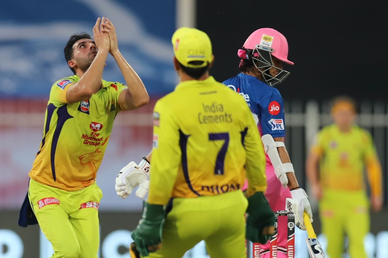 Deepak Chahar dismisses Yashasvi Jaiswal for six, Rajasthan Royals v Chennai Super Kings, IPL 2020, Sharjah, September 22, 2020