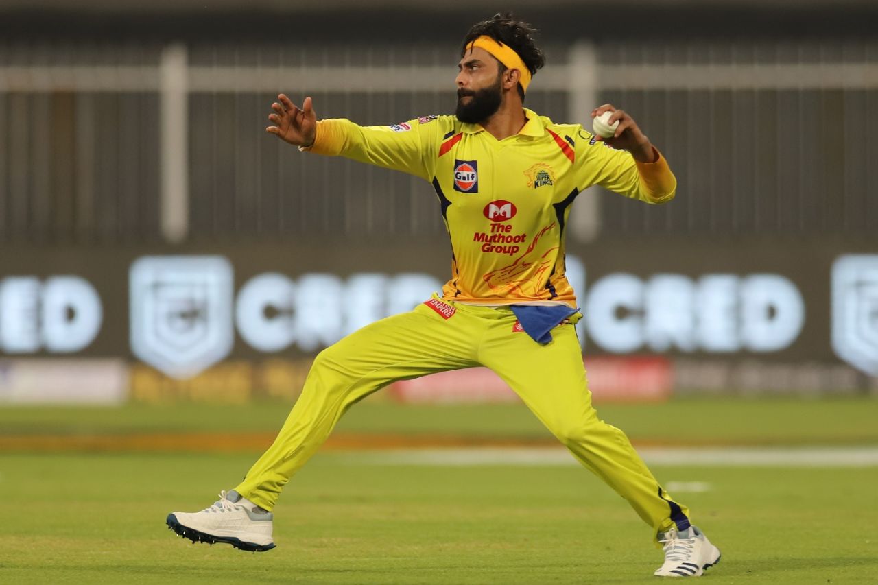 Ravindra Jadeja aims a throw, Rajasthan Royals v Chennai Super Kings, IPL 2020, Sharjah, September 22, 2020