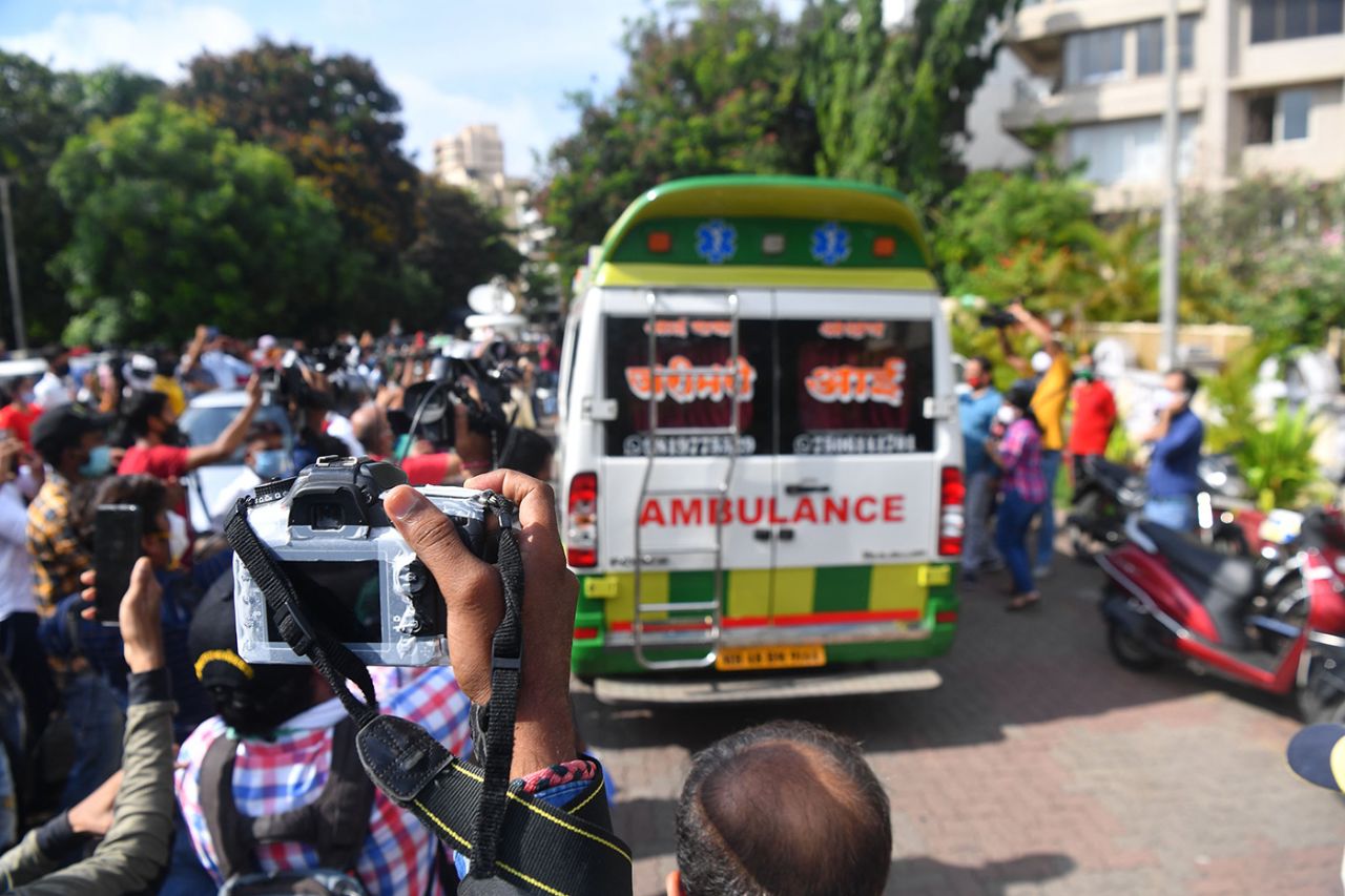 An ambulance takes away the body of actor Sushant Singh Rajput, Mumbai, June 14, 2020