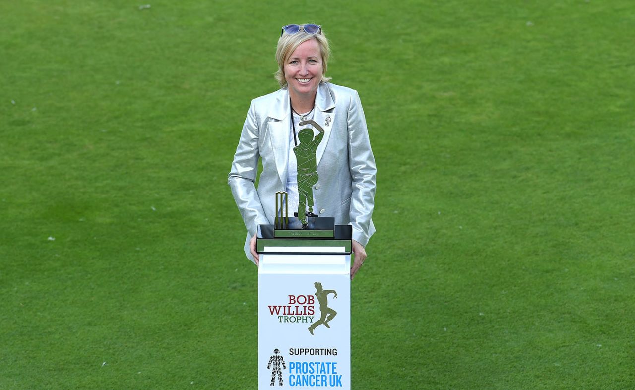 Lauren Clark, Bob Willis' widow, poses with the trophy named in his memory, Somerset v Essex, Bob Willis Trophy final, Lord's, September 22, 2020