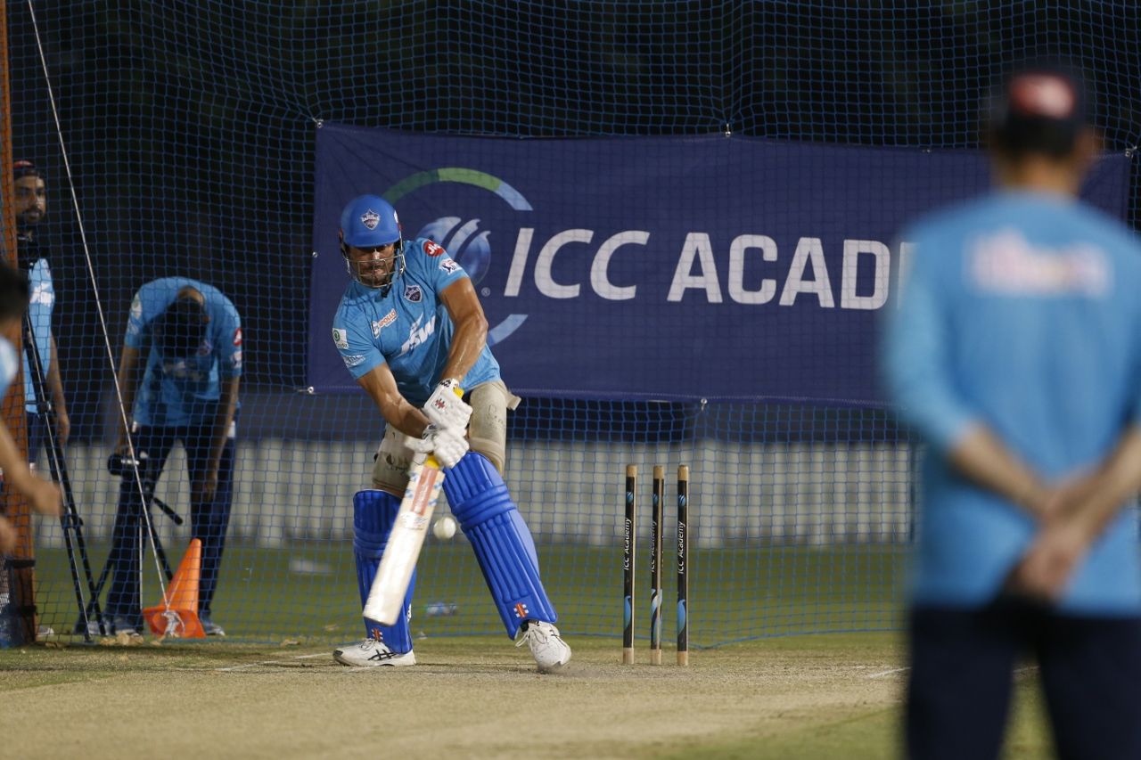 Marcus Stoinis bats during a training session, Dubai, September 23, 2020