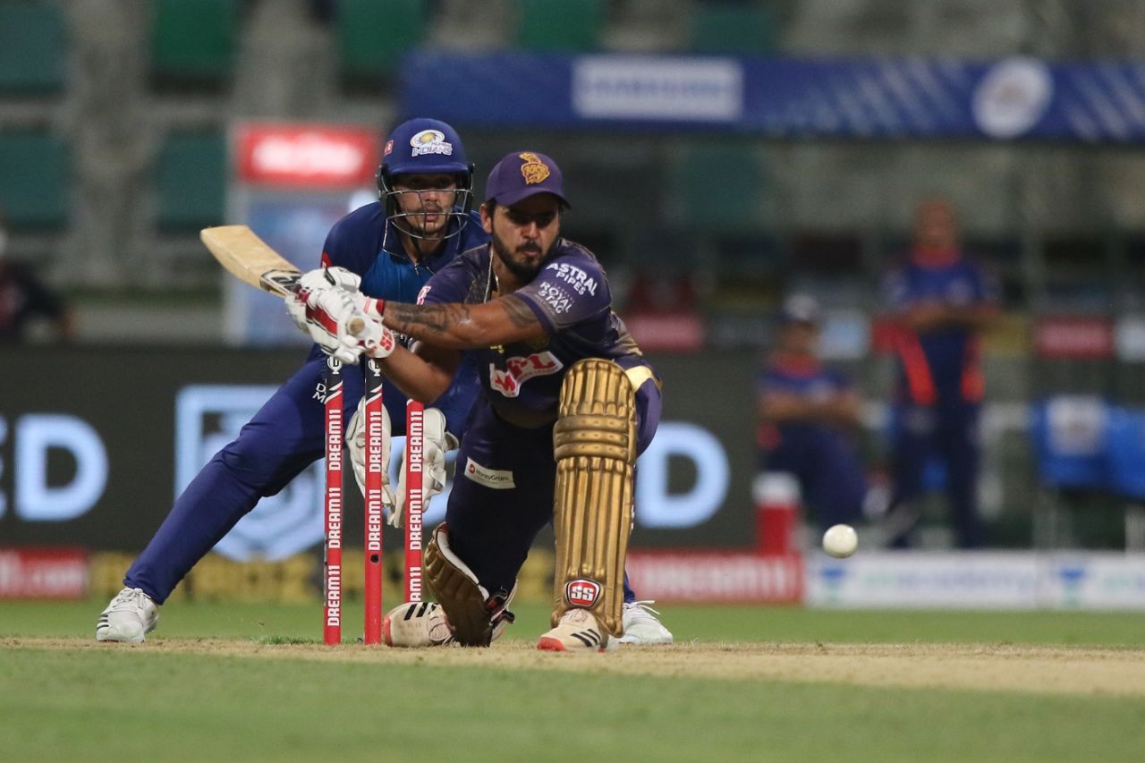 Nitish Raina rolls out a reverse-sweep, Kolkata Knight Riders v Mumbai Indians, IPL 2020, Abu Dhabi, September 23, 2020