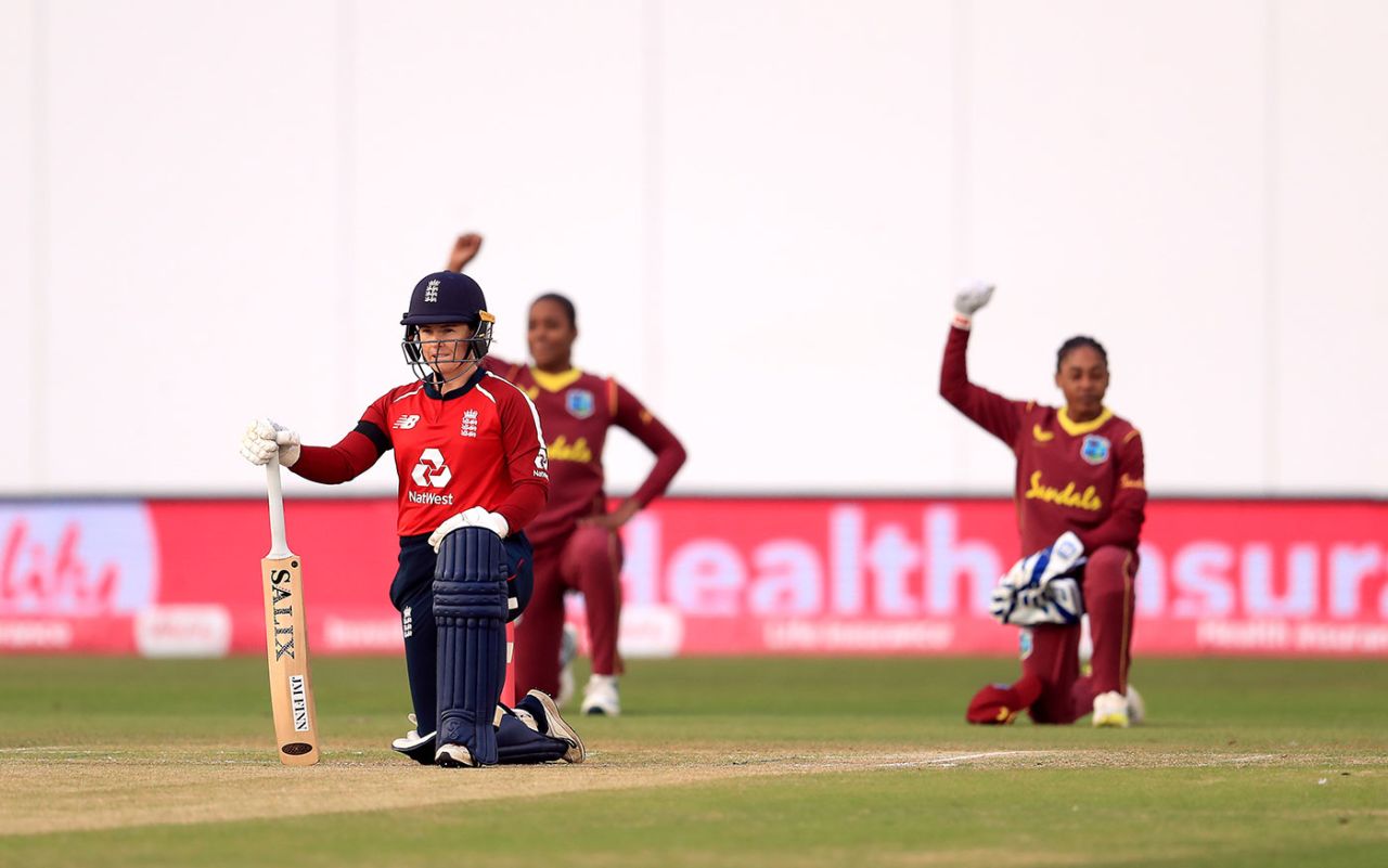 Tammy Beaumont takes a knee before the second T20I, England v West Indies, 2nd women's T20I, Derby, September 23, 2020