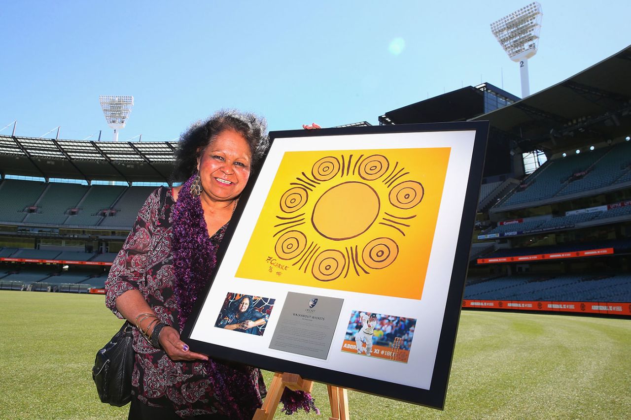 Aunty Fiona Clarke with the Walkabout Wickets design