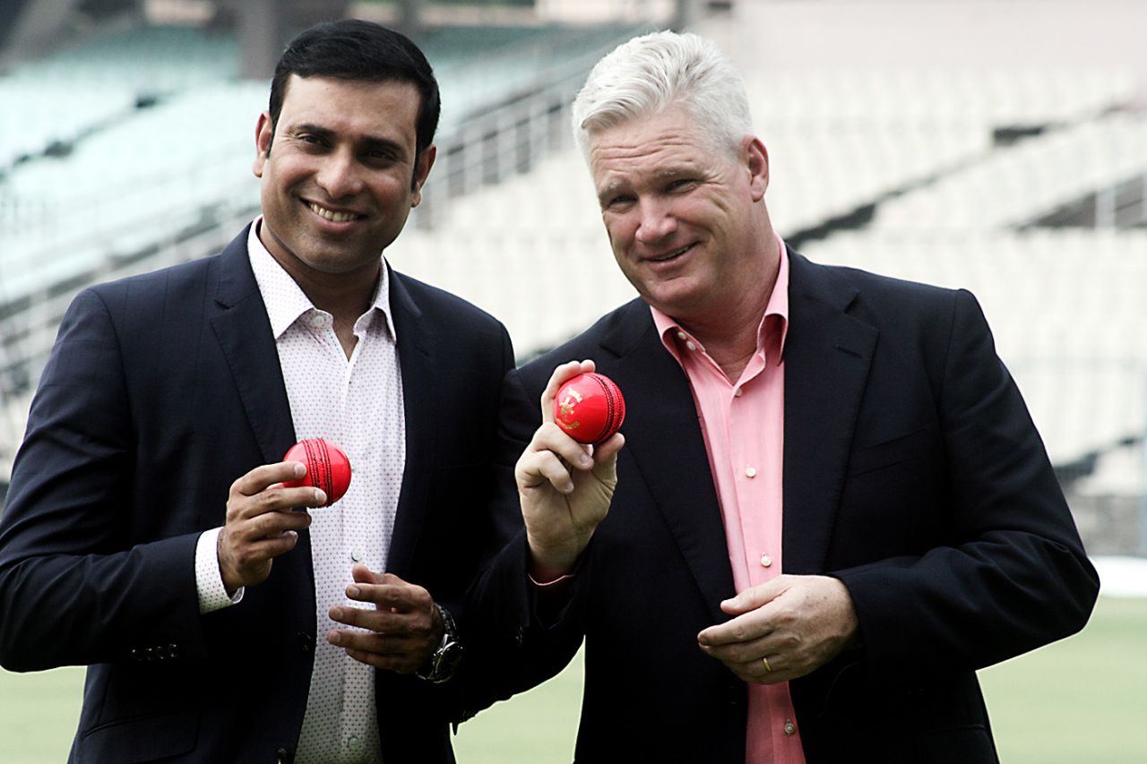 Dean Jones and VVS Laxman hold up the pink ball, Kolkata, June 16, 2016