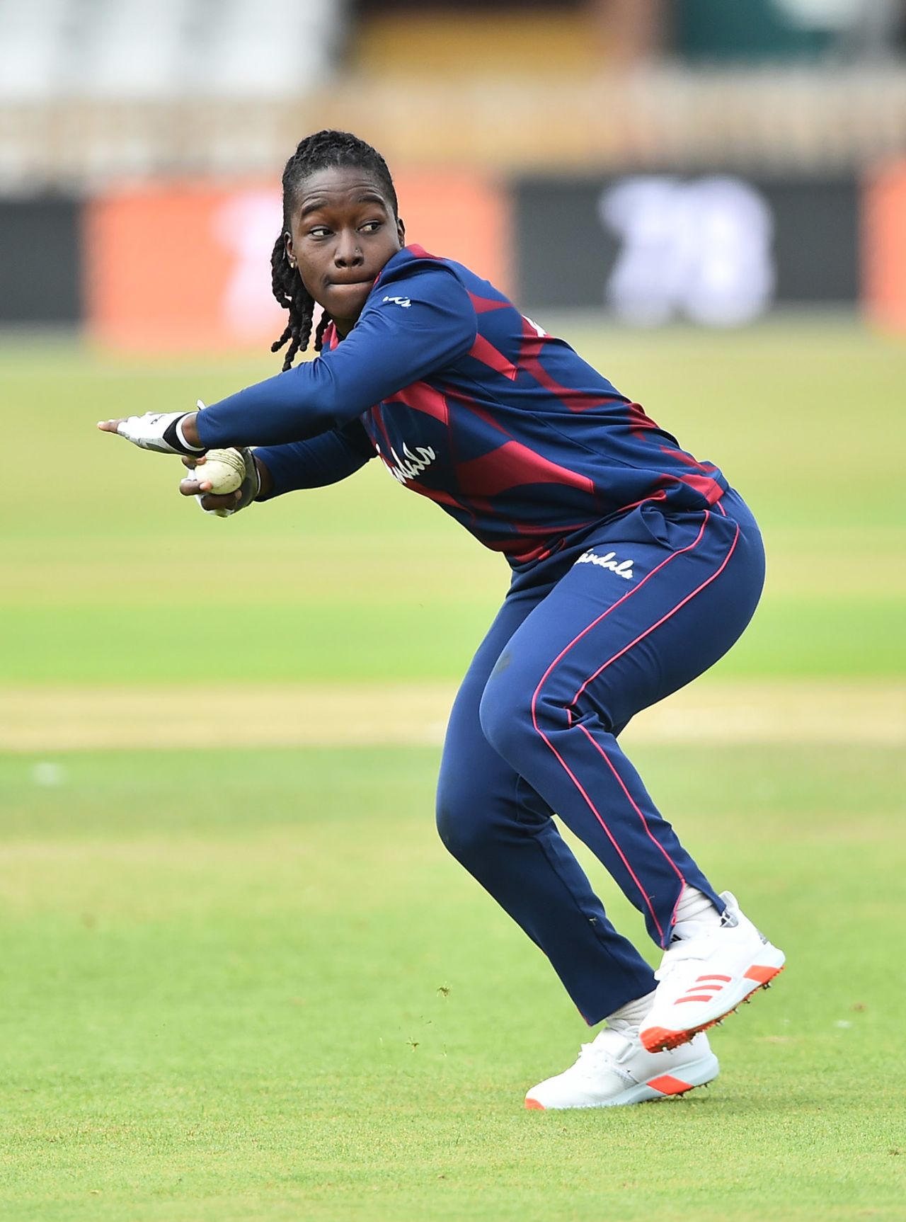 Deandra Dottin throws the ball in during West Indies training, Derby, September 20, 2020